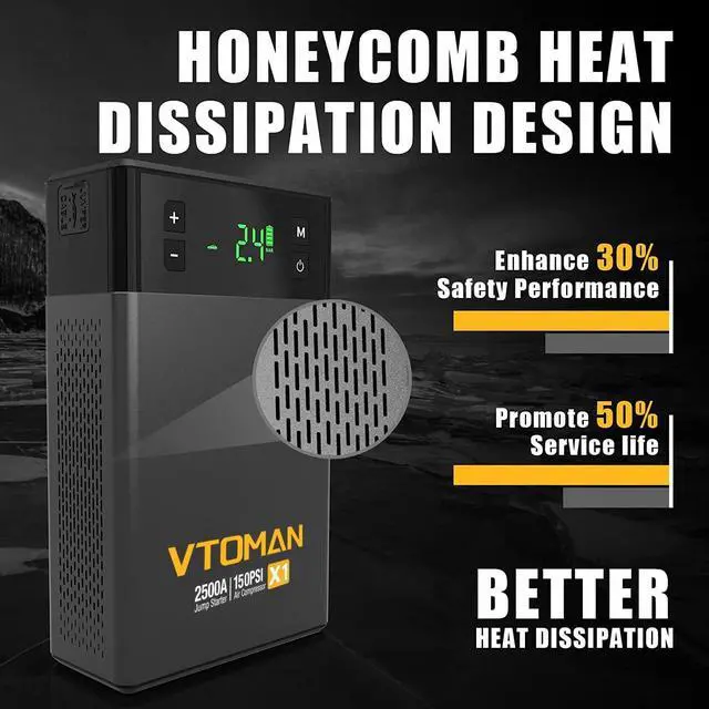 Alt view image 5 of 7 - VTOMAN X1 Jump Starter with Air Compressor, 2500A Portable Battery Booster(Up to 8.5L Gas/6L Diesel Engines) with 150PSI Digital Auto Tire Inflator, 12V Car Lithium Battery Jump Box Pack Power Charger