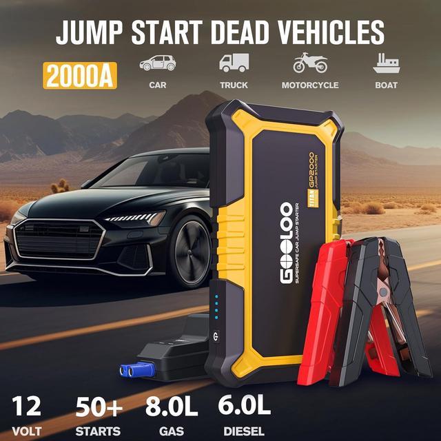 GOOLOO New GP2000 Jump Starter 2000A Car Starter Battery Pack (Up to 8.0L  Gas, 6.0L Diesel Engine),12V Car Battery Charger Jumper Starter, Supersafe  Portable Lithium Jump Box with USB Quick Charge 