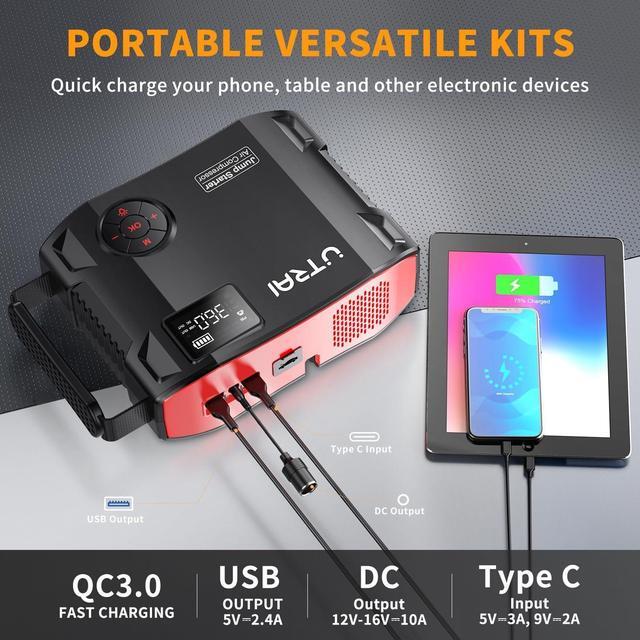 Alt view image 5 of 7 - Jump Starter with Air Compressor, UTRAI JS5 150PSI 3500A 27000mAh 12V Battery Booster Jump Box for All Gas and 8L Diesel Engine, Portable Battery Jumper Starter with Power Bank Digital Tire Inflato