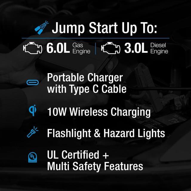 Alt view image 2 of 7 - Type S Car Battery Jump Starter, 12V 400A 6.0L Gas 3.0L Diesel, 8000mAh Portable Power Bank and Jump Starters with Built-in USB C Type C Cable, Wireless Charger LCD Display Flashlight UL-Listed - Blk