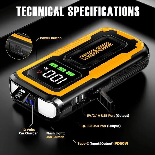 Alt view image 7 of 7 - MegaXmar Car Battery Jump Starter - 2000A Peak 18000mAh(Up to 8.0L Gas and 7.5L Diesel Engine) PD60W Fast Charging,Portable Jump Starter with Smart Clamp Cables, LED Flashlight Jump Box