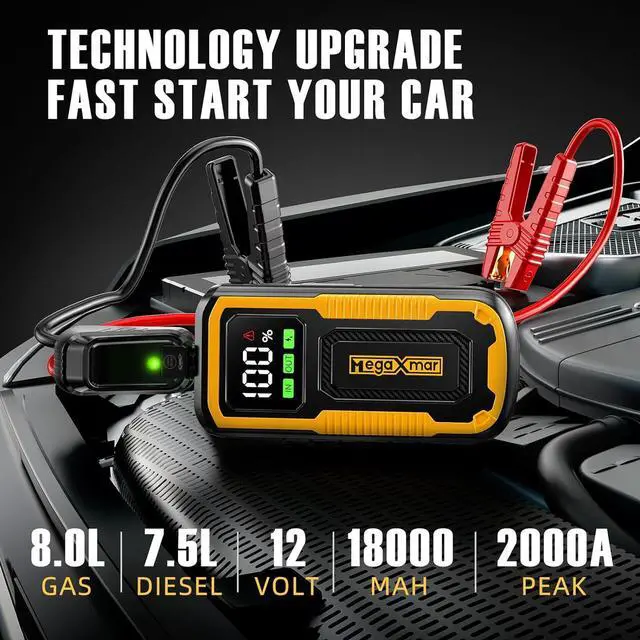 Alt view image 2 of 7 - MegaXmar Car Battery Jump Starter - 2000A Peak 18000mAh(Up to 8.0L Gas and 7.5L Diesel Engine) PD60W Fast Charging,Portable Jump Starter with Smart Clamp Cables, LED Flashlight Jump Box