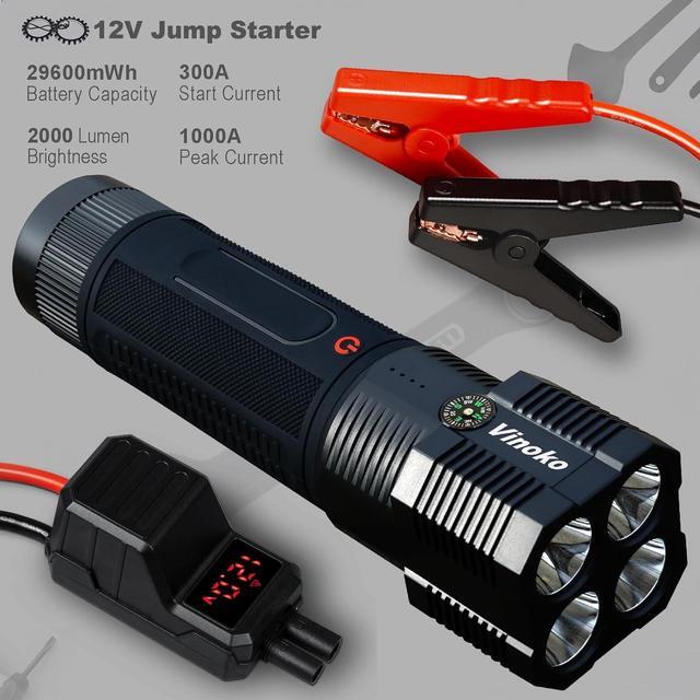 Alt view image 2 of 7 - Car Battery 1000A Peak 12V Jump Starter with 2000 Lumens Flashlight,Digital Display Smart Clamps Jump Box, Booster 12V Battery Pack and Power Bank