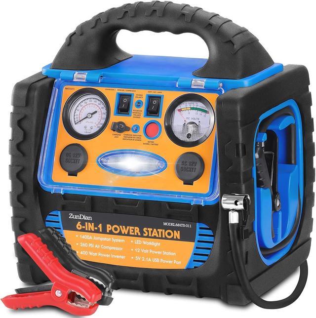 ZunDian 1800 Amp Battery Jump Starter with Air Compressor Car Tire  Inflator, Portable Power Station 110V 400W Power Inverter USB DC AC Outlet,  12V Emergency Auto Battery Booster Box, Jumper Clamp 