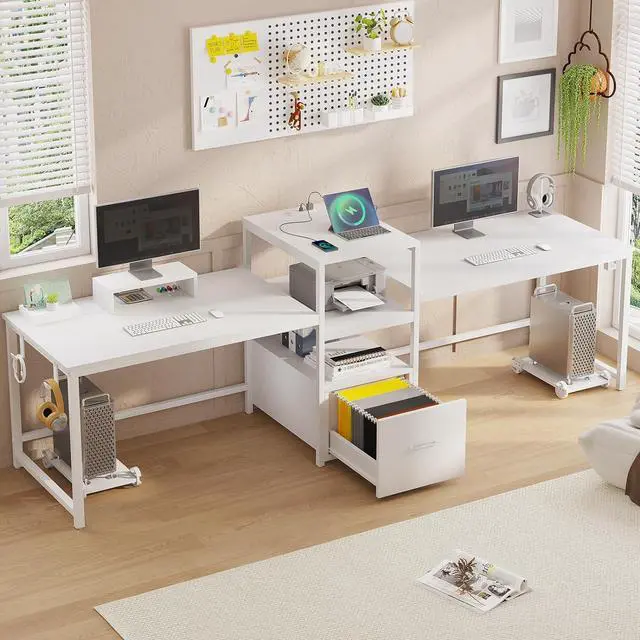 Main image of 98" Home Office Desk, White Computer Desk with Letter/A4 File Drawer & Power Strip with USB, 2 Person Long Desk with Storage, Printer Shelf & Monitor Stand for Home Office, White
