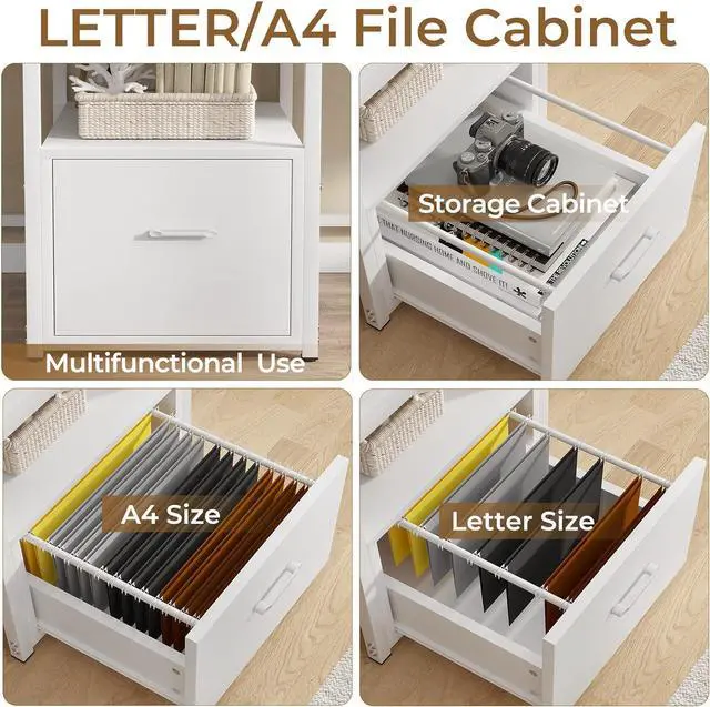 Alt view image 4 of 6 - 98" Home Office Desk, White Computer Desk with Letter/A4 File Drawer & Power Strip with USB, 2 Person Long Desk with Storage, Printer Shelf & Monitor Stand for Home Office, White