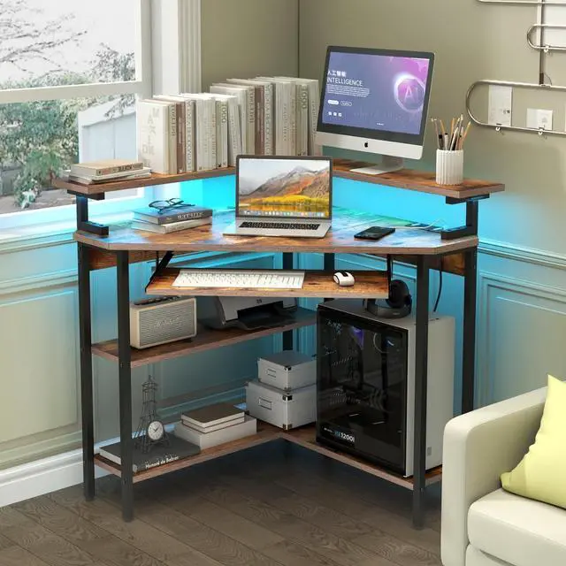 Alt view image 2 of 7 - Triangle Corner Desk with Charging Station and LED Light for Small Space | Corner Desk with Monitor Stand & Keyboard Tray, Gaming Computer Desk with Storage Shelves for Home Office (Rustic)