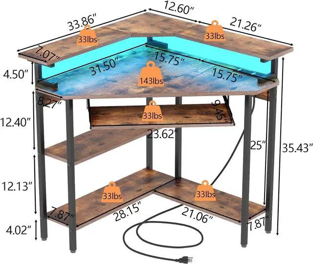 Alt view image 3 of 7 - Triangle Corner Desk with Charging Station and LED Light for Small Space | Corner Desk with Monitor Stand & Keyboard Tray, Gaming Computer Desk with Storage Shelves for Home Office (Rustic)
