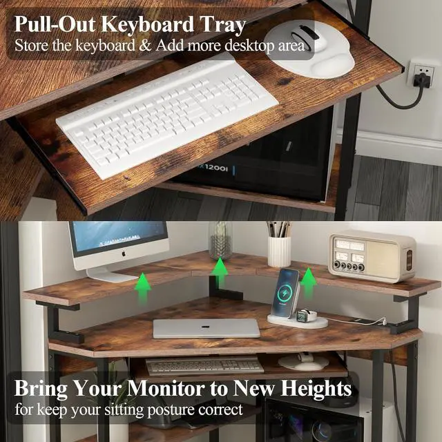 Alt view image 5 of 7 - Triangle Corner Desk with Charging Station and LED Light for Small Space | Corner Desk with Monitor Stand & Keyboard Tray, Gaming Computer Desk with Storage Shelves for Home Office (Rustic)