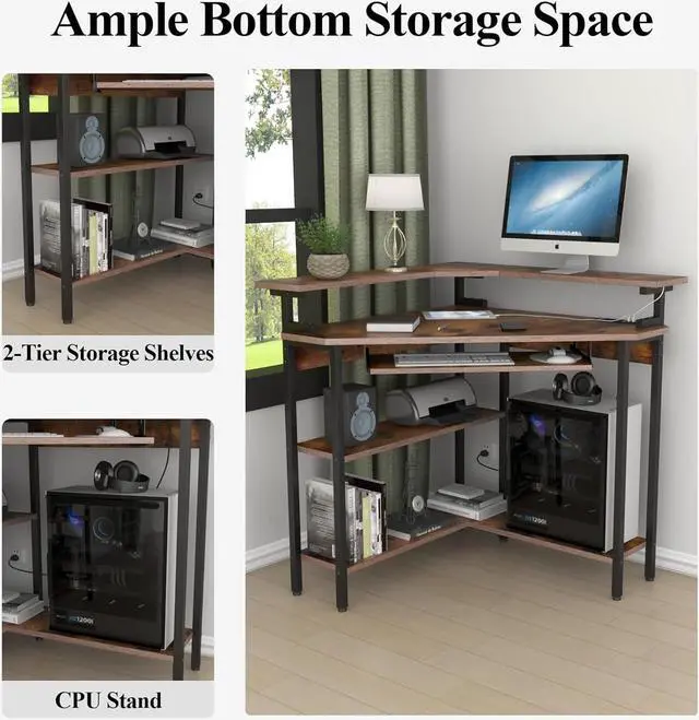 Alt view image 6 of 7 - Triangle Corner Desk with Charging Station and LED Light for Small Space | Corner Desk with Monitor Stand & Keyboard Tray, Gaming Computer Desk with Storage Shelves for Home Office (Rustic)