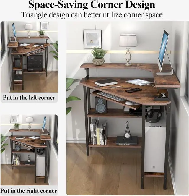 Alt view image 7 of 7 - Triangle Corner Desk with Charging Station and LED Light for Small Space | Corner Desk with Monitor Stand & Keyboard Tray, Gaming Computer Desk with Storage Shelves for Home Office (Rustic)