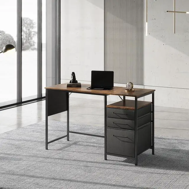 Alt view image 2 of 7 - Small Desk with Drawers, 40 inch Desk with Drawers and Shelves, Computer Computer Desk with Storage, Small Office Desk with Storage Bag, Metal Frame for PC Laptop, Rustic Brown