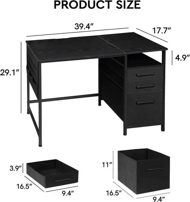 Alt view image 3 of 7 - Small Desk with Drawers, 40 inch Desk with Drawers and Shelves, Computer Computer Desk with Storage, Small Office Desk with Storage Bag, Metal Frame for PC Laptop, Rustic Brown