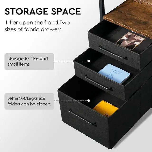 Alt view image 4 of 7 - Small Desk with Drawers, 40 inch Desk with Drawers and Shelves, Computer Computer Desk with Storage, Small Office Desk with Storage Bag, Metal Frame for PC Laptop, Rustic Brown