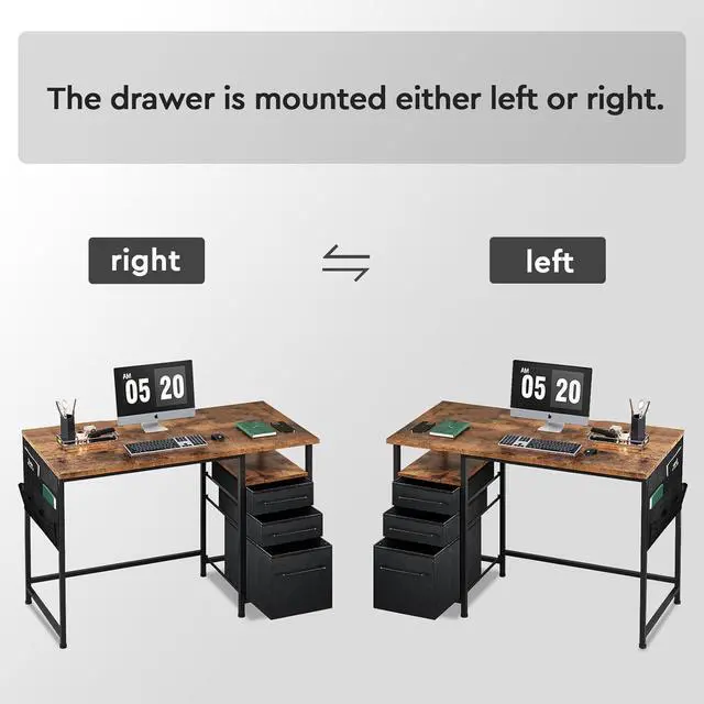 Alt view image 6 of 7 - Small Desk with Drawers, 40 inch Desk with Drawers and Shelves, Computer Computer Desk with Storage, Small Office Desk with Storage Bag, Metal Frame for PC Laptop, Rustic Brown