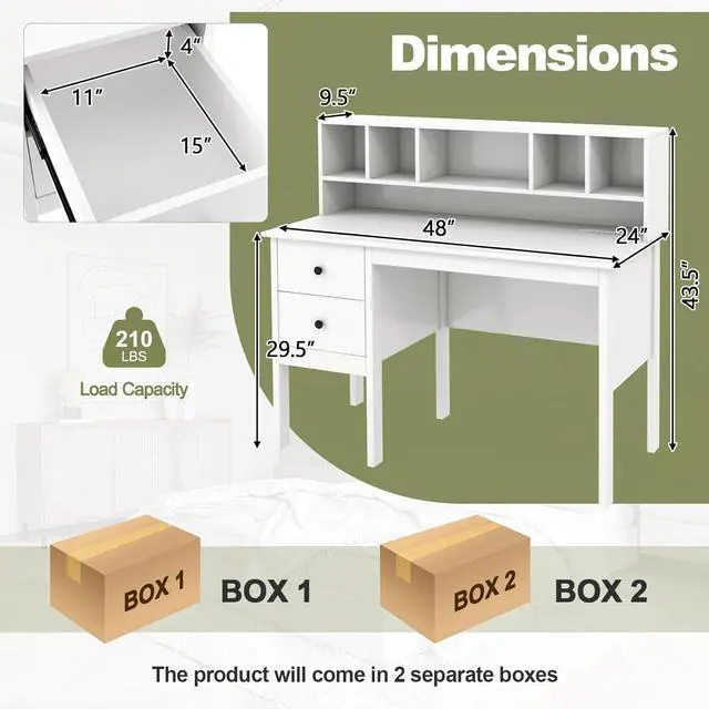 Alt view image 3 of 7 - Giantex White Desk with Drawers & Hutch, Home Office Desk with Charging Station, 5 Storage Cubbies, Makeup Vanity Table, Modern Study Writing Desk, PC Laptop Desks, Computer Workstation for Bedroom