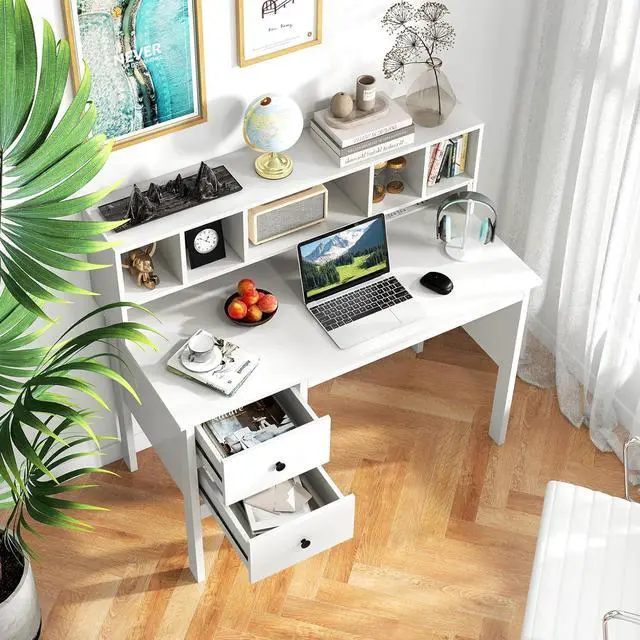 Alt view image 4 of 7 - Giantex White Desk with Drawers & Hutch, Home Office Desk with Charging Station, 5 Storage Cubbies, Makeup Vanity Table, Modern Study Writing Desk, PC Laptop Desks, Computer Workstation for Bedroom