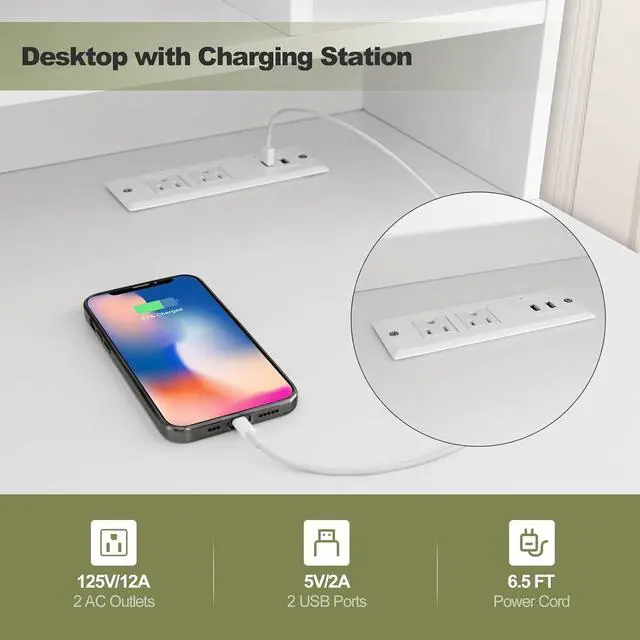 Alt view image 5 of 7 - Giantex White Desk with Drawers & Hutch, Home Office Desk with Charging Station, 5 Storage Cubbies, Makeup Vanity Table, Modern Study Writing Desk, PC Laptop Desks, Computer Workstation for Bedroom