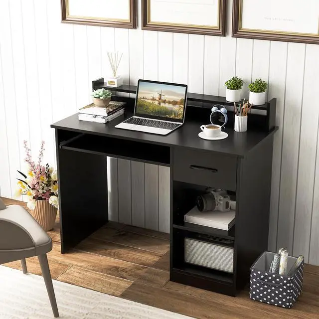 Alt view image 2 of 7 - GOFLAME Computer Desk, Home Office Desk with Large Drawers, Hutch, Keyboard Tray, 5-Position Adjustable Open Shelves, Easy Assembly, Writing Desk for Bedroom, Small Space, Living Room, Black