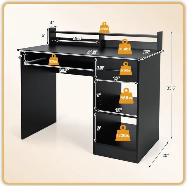Alt view image 3 of 7 - GOFLAME Computer Desk, Home Office Desk with Large Drawers, Hutch, Keyboard Tray, 5-Position Adjustable Open Shelves, Easy Assembly, Writing Desk for Bedroom, Small Space, Living Room, Black