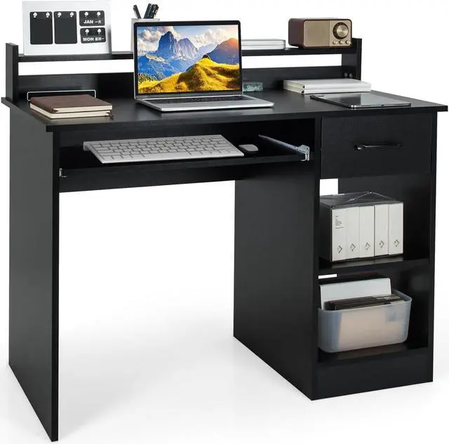 Main image of GOFLAME Computer Desk, Home Office Desk with Large Drawers, Hutch, Keyboard Tray, 5-Position Adjustable Open Shelves, Easy Assembly, Writing Desk for Bedroom, Small Space, Living Room, Black