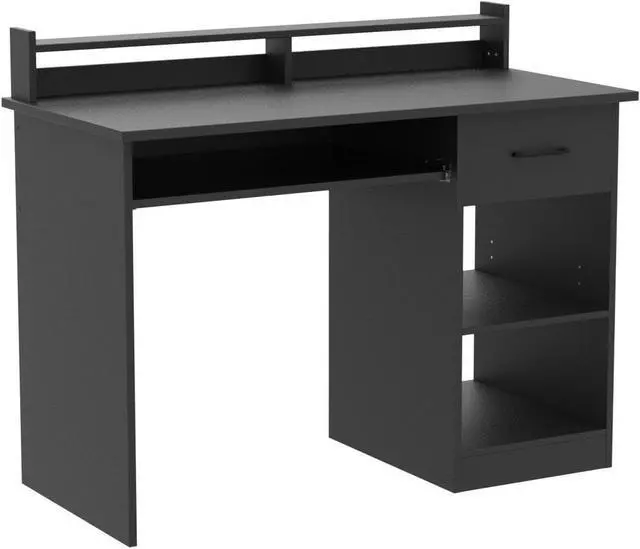 Alt view image 5 of 7 - GOFLAME Computer Desk, Home Office Desk with Large Drawers, Hutch, Keyboard Tray, 5-Position Adjustable Open Shelves, Easy Assembly, Writing Desk for Bedroom, Small Space, Living Room, Black