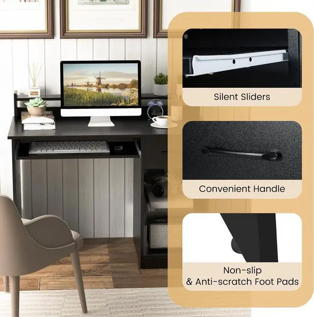 Alt view image 7 of 7 - GOFLAME Computer Desk, Home Office Desk with Large Drawers, Hutch, Keyboard Tray, 5-Position Adjustable Open Shelves, Easy Assembly, Writing Desk for Bedroom, Small Space, Living Room, Black