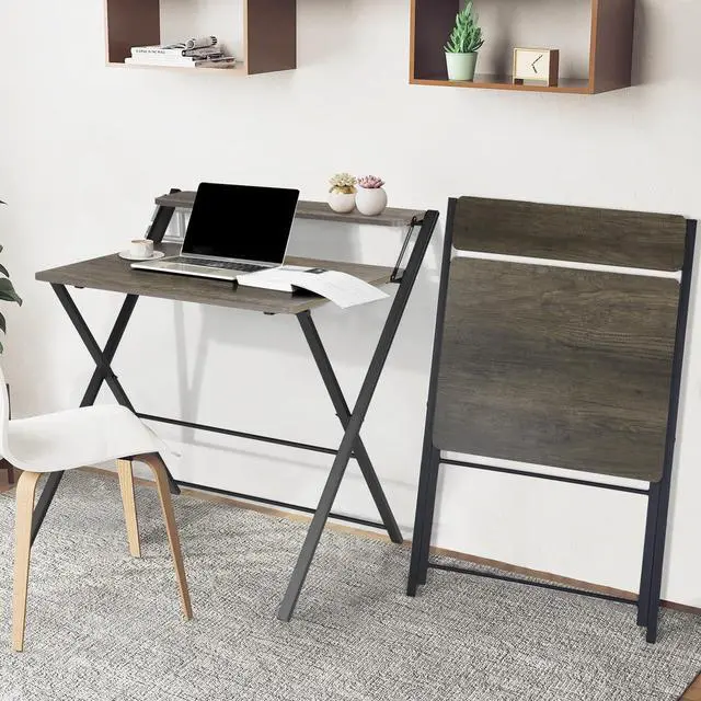 Alt view image 2 of 7 - Folding Desk 2-Tier Foldable Table Space Saving Computer Table Writing Workstation for Home Office with Metal Frames/Wood Top Laptop, No Assembly Required, Rustic Brown, 31.9(L) x 20.5(D) x 33.5(H)