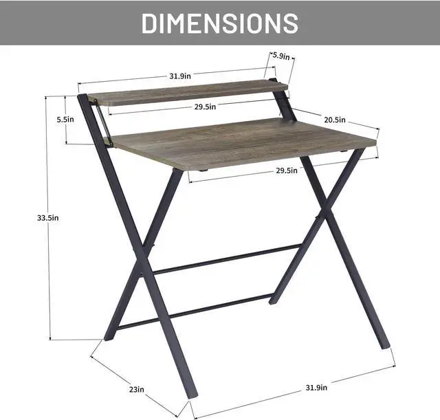 Alt view image 3 of 7 - Folding Desk 2-Tier Foldable Table Space Saving Computer Table Writing Workstation for Home Office with Metal Frames/Wood Top Laptop, No Assembly Required, Rustic Brown, 31.9(L) x 20.5(D) x 33.5(H)