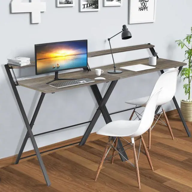 Alt view image 4 of 7 - Folding Desk 2-Tier Foldable Table Space Saving Computer Table Writing Workstation for Home Office with Metal Frames/Wood Top Laptop, No Assembly Required, Rustic Brown, 31.9(L) x 20.5(D) x 33.5(H)