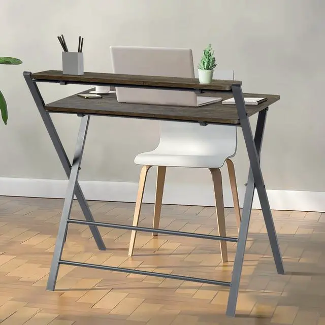 Alt view image 5 of 7 - Folding Desk 2-Tier Foldable Table Space Saving Computer Table Writing Workstation for Home Office with Metal Frames/Wood Top Laptop, No Assembly Required, Rustic Brown, 31.9(L) x 20.5(D) x 33.5(H)