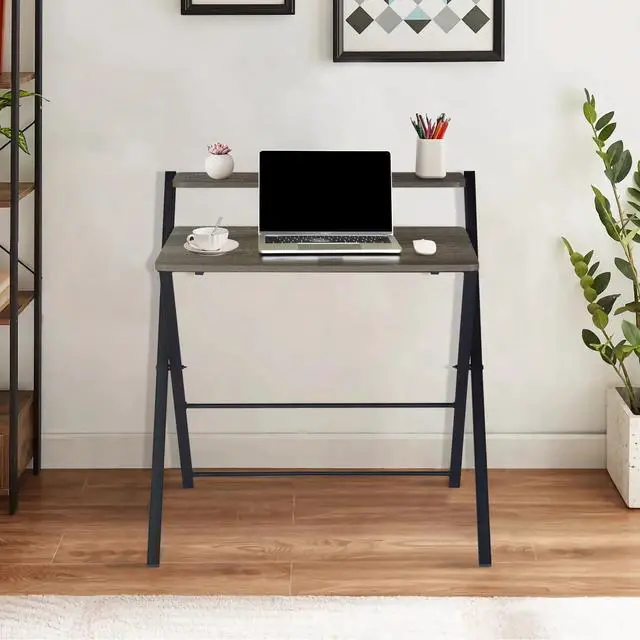 Alt view image 7 of 7 - Folding Desk 2-Tier Foldable Table Space Saving Computer Table Writing Workstation for Home Office with Metal Frames/Wood Top Laptop, No Assembly Required, Rustic Brown, 31.9(L) x 20.5(D) x 33.5(H)