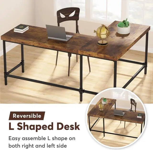 Alt view image 6 of 7 - Tribesigns L-Shaped Desk, 67 inch Industrial Reversible Corner Computer Office Desk PC Laptop Study Table Workstation with Metal Pipe Legs for Home Office (Rustic Brown)