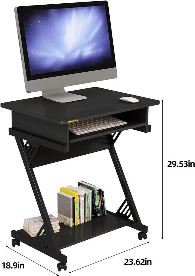 Alt view image 3 of 4 - Rolling Computer Desk with Keyboard Tray Comt Computer C with Storage Mobile Computer Desk for Small Se,Black