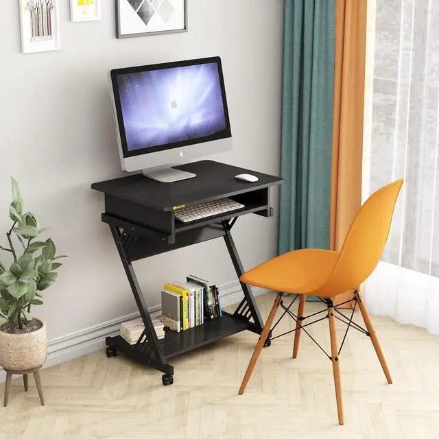 Alt view image 2 of 4 - Rolling Computer Desk with Keyboard Tray Comt Computer C with Storage Mobile Computer Desk for Small Se,Black