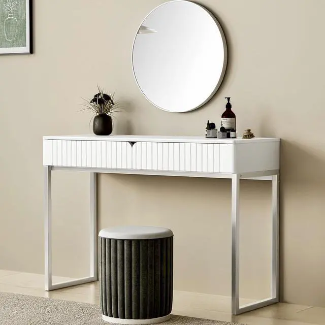 Alt view image 2 of 7 - White Vanity Desk with 2 Drawers, Silver and White Desk,Home Office Desk Modern Makeup Vanity Table with Glossy Desktop,Writing Computer Standing Desk with Wood Top and Metal Legs