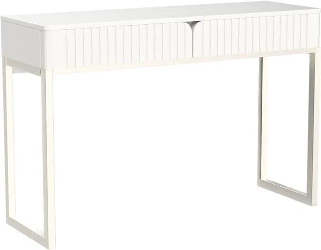 Alt view image 4 of 7 - White Vanity Desk with 2 Drawers, Silver and White Desk,Home Office Desk Modern Makeup Vanity Table with Glossy Desktop,Writing Computer Standing Desk with Wood Top and Metal Legs