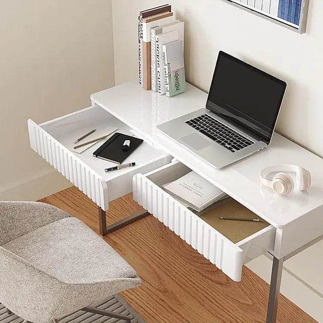 Alt view image 3 of 7 - White Vanity Desk with 2 Drawers, Silver and White Desk,Home Office Desk Modern Makeup Vanity Table with Glossy Desktop,Writing Computer Standing Desk with Wood Top and Metal Legs
