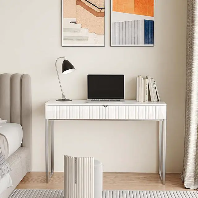 Alt view image 5 of 7 - White Vanity Desk with 2 Drawers, Silver and White Desk,Home Office Desk Modern Makeup Vanity Table with Glossy Desktop,Writing Computer Standing Desk with Wood Top and Metal Legs