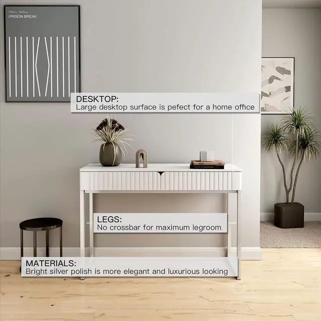 Alt view image 7 of 7 - White Vanity Desk with 2 Drawers, Silver and White Desk,Home Office Desk Modern Makeup Vanity Table with Glossy Desktop,Writing Computer Standing Desk with Wood Top and Metal Legs