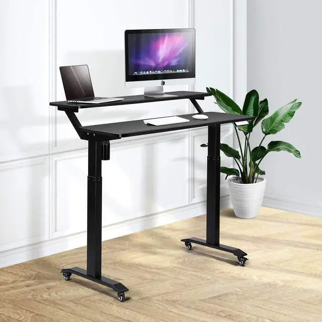 Alt view image 3 of 6 - UNICOO - 2 Tier Electric Height Adjustable Standing Desk with Wheels, Electric Mobile Standing Workstation, Sit Stand Desk Home Office Desk Whole-Piece Desk Board 48 * 24 in (KT1002-BB) 2Tier