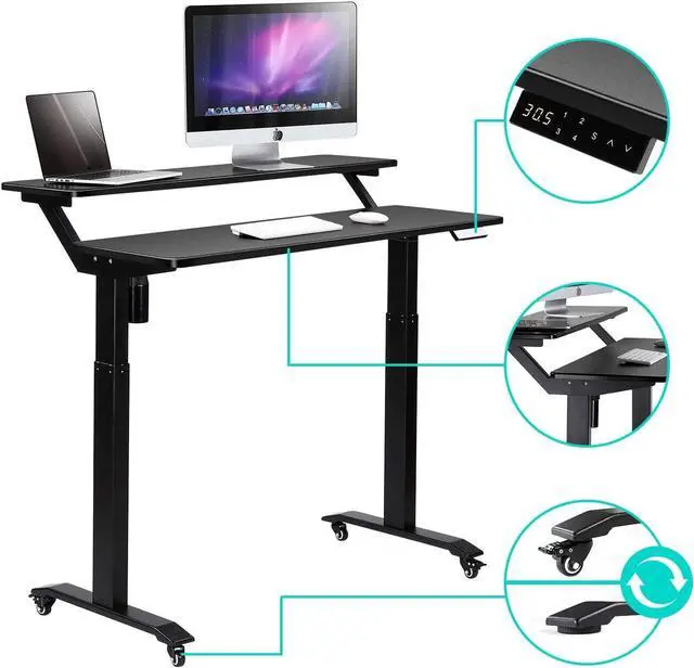 Alt view image 5 of 6 - UNICOO - 2 Tier Electric Height Adjustable Standing Desk with Wheels, Electric Mobile Standing Workstation, Sit Stand Desk Home Office Desk Whole-Piece Desk Board 48 * 24 in (KT1002-BB) 2Tier