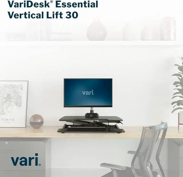 Alt view image 7 of 7 - Vari VariDesk Essential Vertical Lift 30 - Height Adjustable Standing Desk Converter - Laptop or Monitor Riser with Wide Keyboard Tray - Compact Two-Tier Home Office Workstation - 30 Inch, Black
