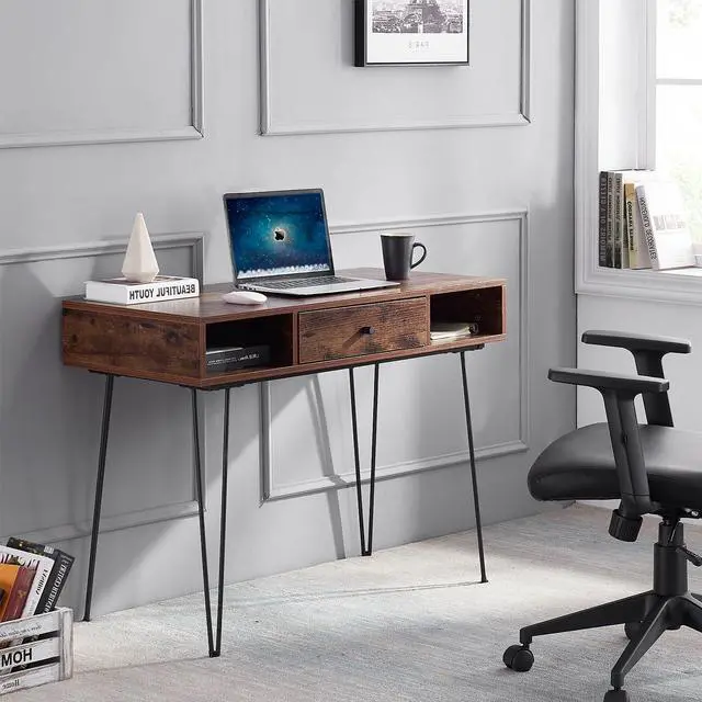 Alt view image 2 of 5 - VECELO 39.3" Home Office Work Table with Drawers Computer Desk Writing/Study, 39 Inch Hairpin Legs, Rustic Brown