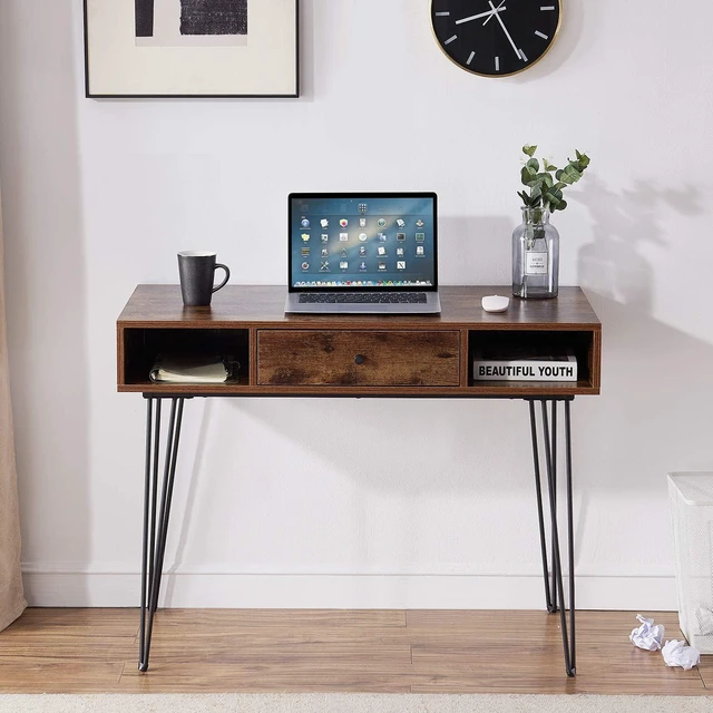 Alt view image 6 of 7 - VECELO 39.3" Home Office Work Table with Drawers,Computer Desk with Hairpin Leg for Writing/Study,Retro Brown