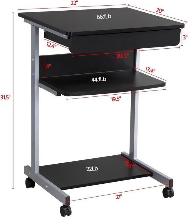 Alt view image 3 of 7 - Topeakmart Mobile Compact Computer Desk Cart for Small Spaces, Work Workstation, Writing Desk Table with Drawers and Printer Shelf on Wheels
