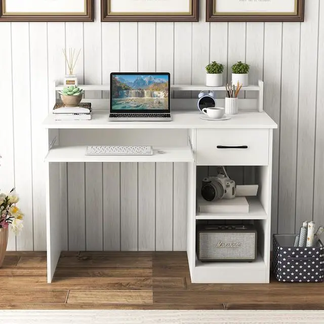 Alt view image 2 of 7 - Computer Desk, Office Desk with Drawers, Hutch, Keyboard Tray & Adjustable Shelf, Small Desk with Storage, Modern Home Office Desks, White Desk for Bedroom, Living Room, Study (White)