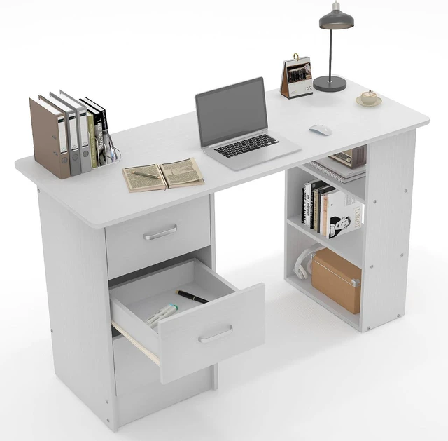 Alt view image 6 of 6 - 47 Inch White Computer Desk with 3 Drawers and Storage Shelves, Writing Desk for Bedroom, Home Office Desk, Study Table for Small Spaces (White)