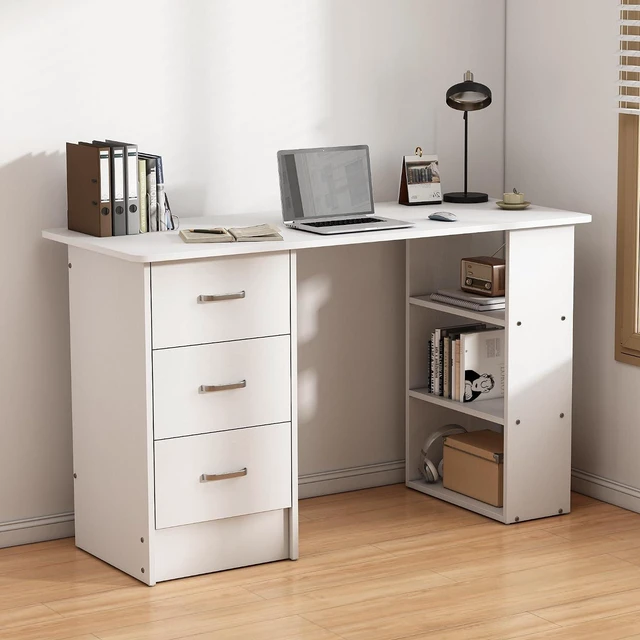 Alt view image 3 of 6 - 47 Inch White Computer Desk with 3 Drawers and Storage Shelves, Writing Desk for Bedroom, Home Office Desk, Study Table for Small Spaces (White)