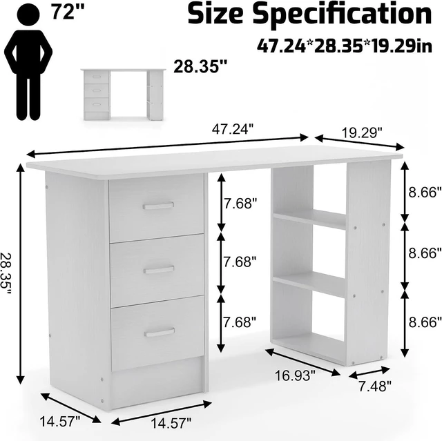 Alt view image 2 of 6 - 47 Inch White Computer Desk with 3 Drawers and Storage Shelves, Writing Desk for Bedroom, Home Office Desk, Study Table for Small Spaces (White)